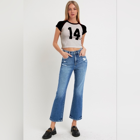 RISEN High-Rise Tummy Control Retro Jeans Distressed Bootcut Ankle Denim Pants - Picture 11 of 16